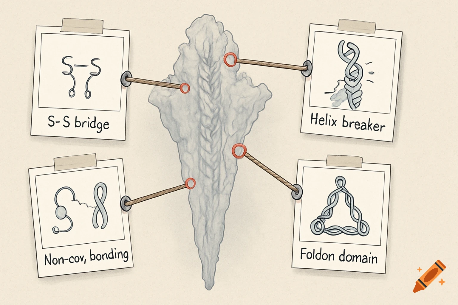 Scientific illustration of a semi-transparent protein with four labeled Polaroid schematics: S-S bridge, Helix breaker, Non-cov. bonding, Foldon domain.