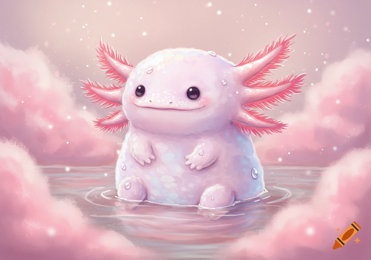 A cute, plump pink axolotl with feathery gills sits in shallow water surrounded by soft pink clouds and sparkles.
