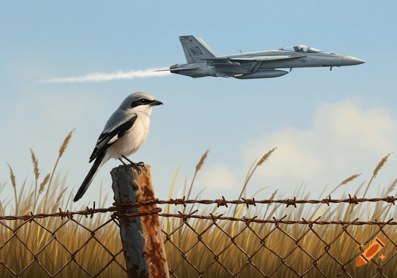 A northern shrike perches on a rusty fence post with a barbed wire fence. An F-18 fighter jet flies behind it in a clear sky.