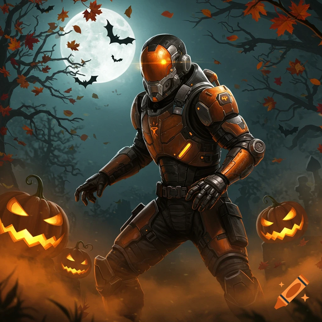 A futuristic soldier in orange armor amidst glowing jack-o'-lanterns and bats under a full moon in a Halloween forest. Digital art.