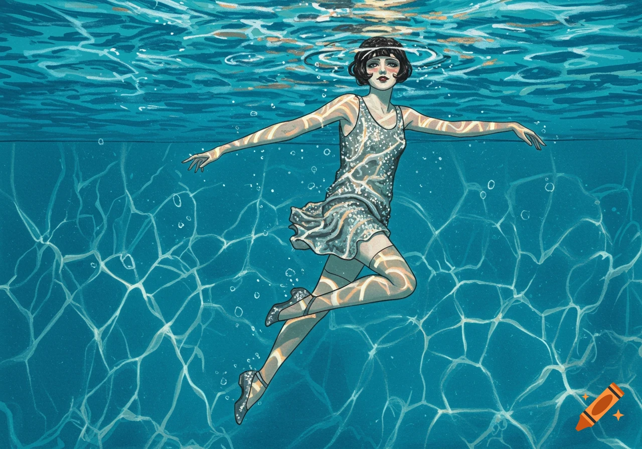 Illustrated 1920s flapper girl in a sparkly mini-dress and stockings swims gracefully underwater, light patterns reflecting on her.