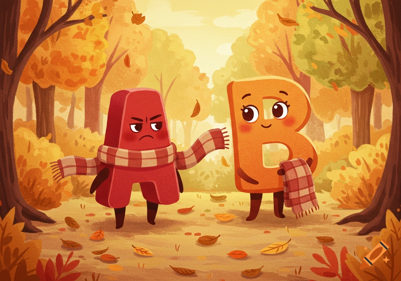 A red anthropomorphic letter A with a scarf looks displeased next to a smiling orange letter B holding a blanket in an autumn park.