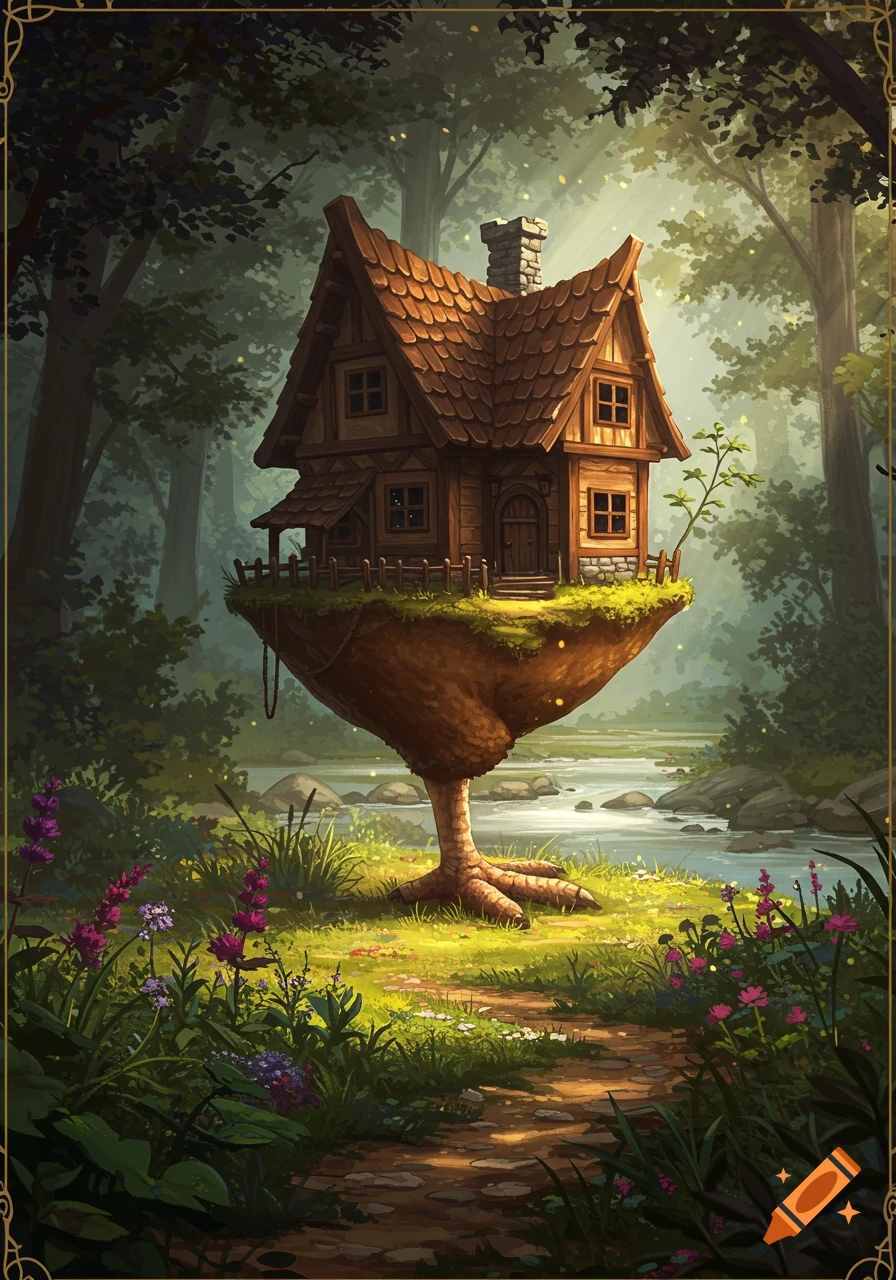 A whimsical house on a giant chicken leg in a sunlit forest clearing with a stream and wildflowers, illustrated.