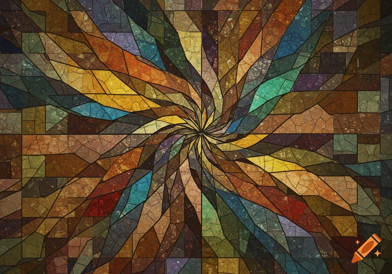 An intricate abstract pattern resembling stained glass or a mosaic, with colorful, irregular geometric shapes swirling from the center.
