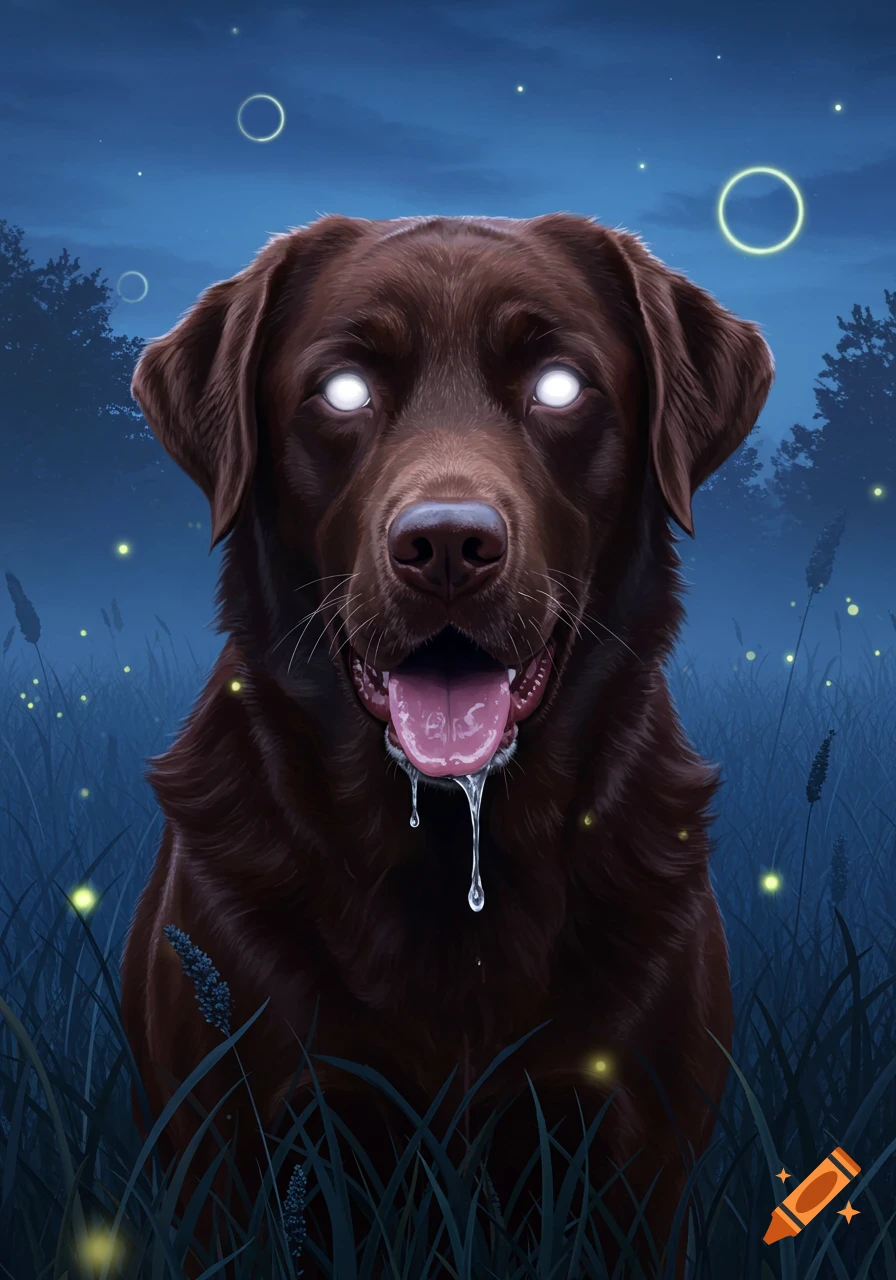 A brown Labrador retriever with glowing white eyes drools in a mystical, dark blue night field with glowing fireflies and faint trees. Digital art.