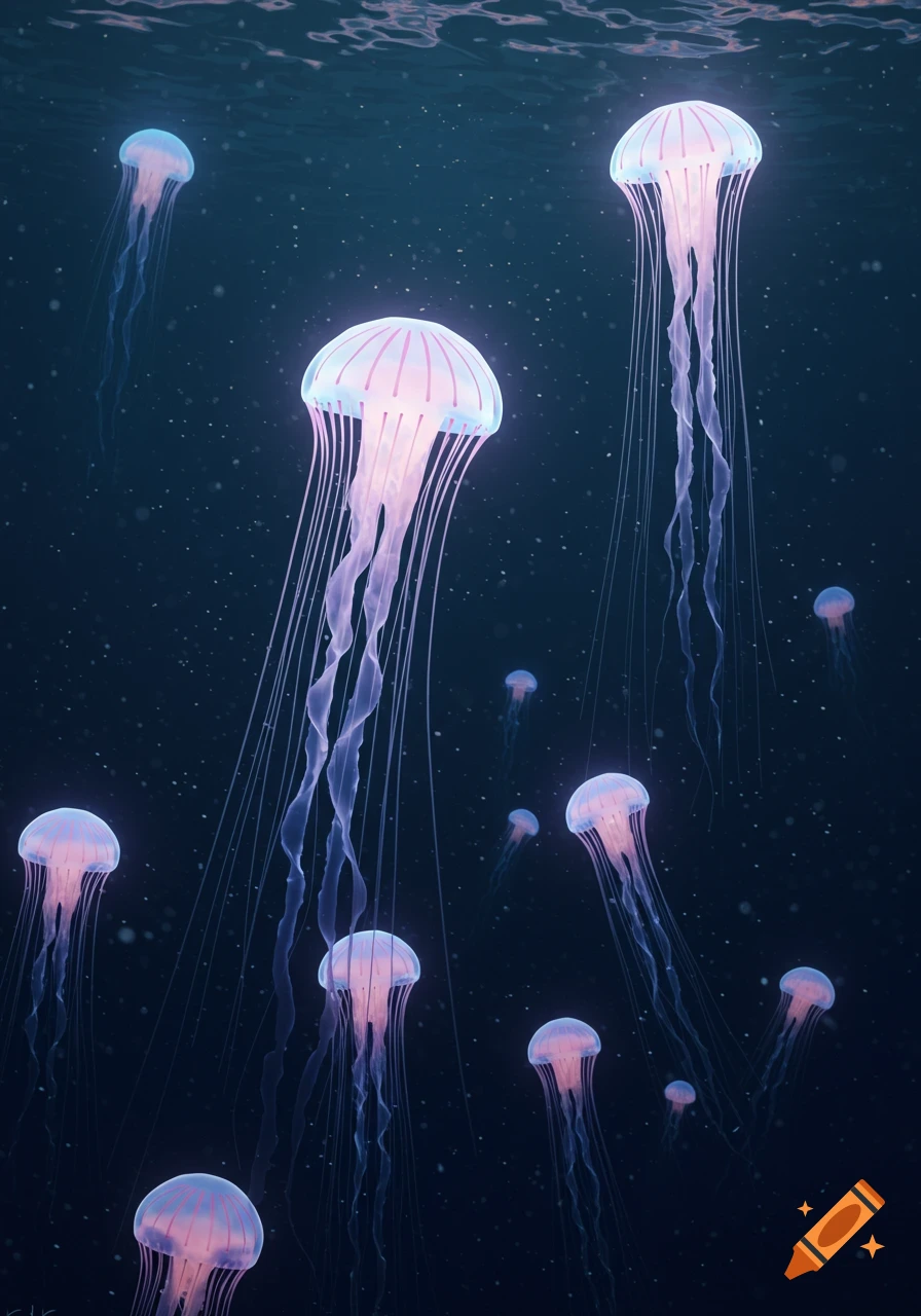 Numerous glowing pastel jellyfish float in dark blue water, with light ripples visible at the surface.