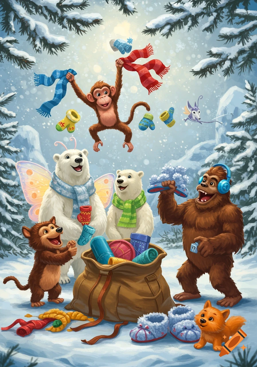 Whimsical cartoon of animals in a snowy forest packing winter items into a sack. Monkey, polar bears, bigfoot, and small creatures prepare for a trip.