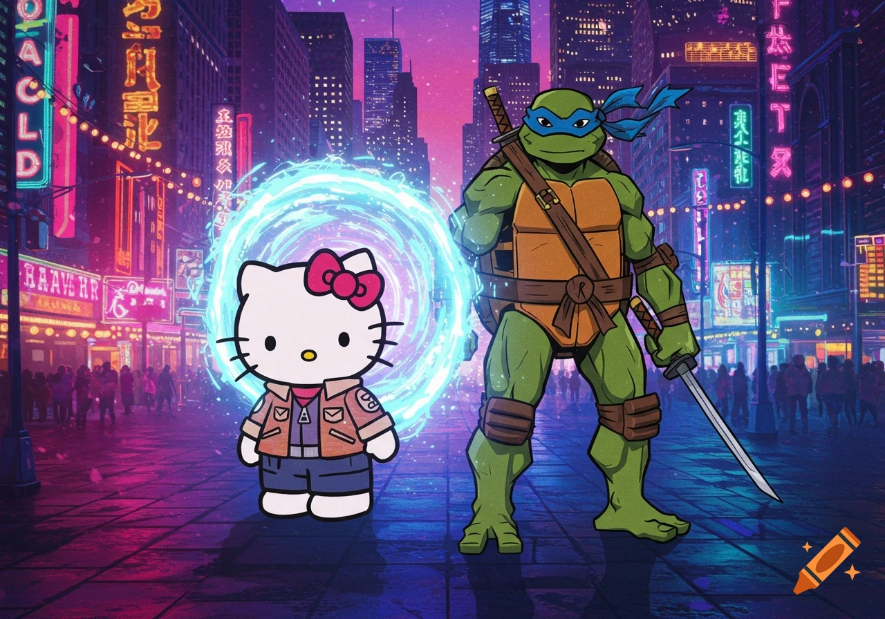 Hello Kitty and Leonardo (TMNT) stand in a neon cyberpunk city with a glowing portal between them.