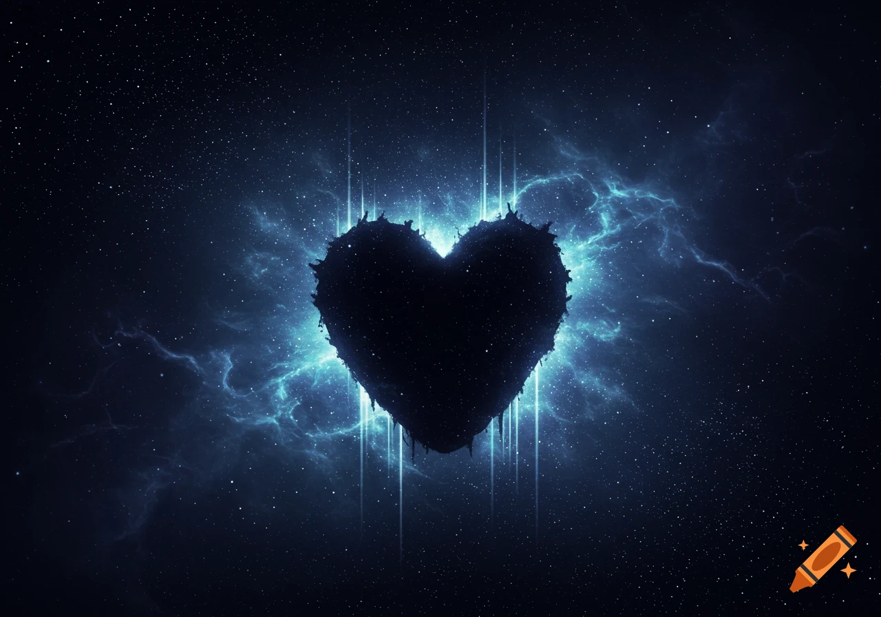 A dark, textured heart shape glowing with electric blue light against a deep space nebula and stars.