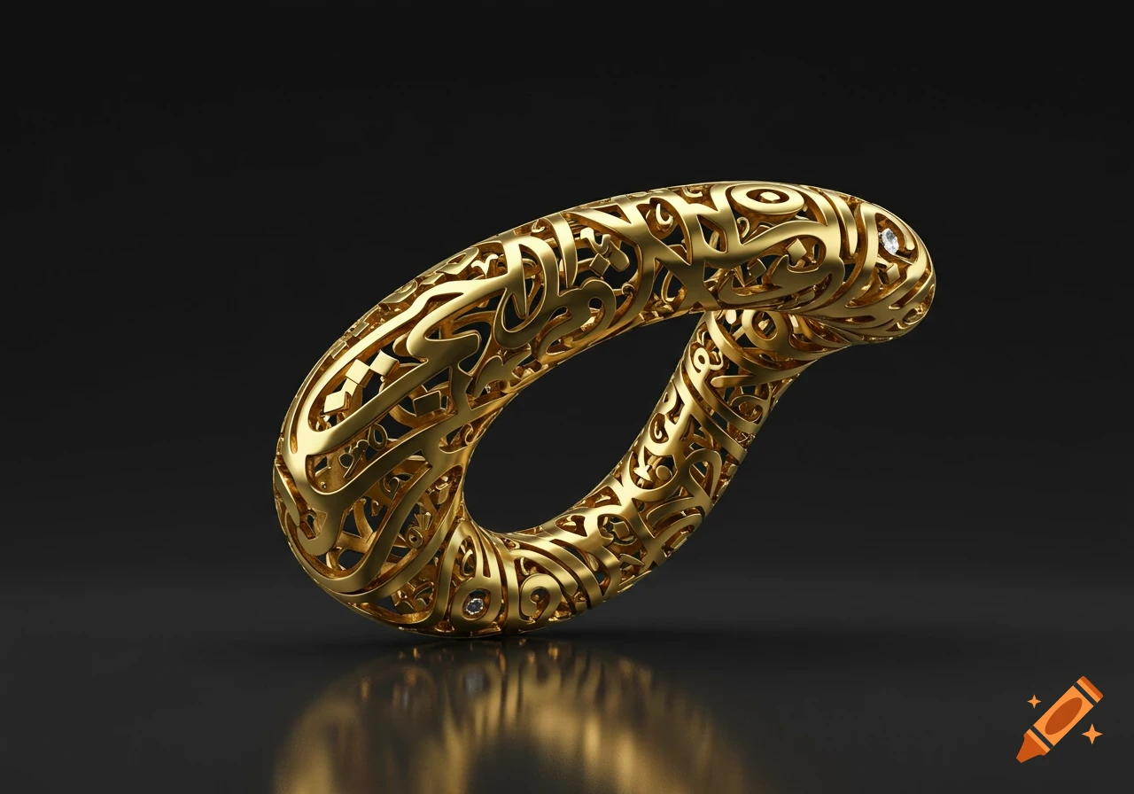 A gleaming golden sculpture, shaped like an abstract ring or loop, features intricate Arabic calligraphic patterns and two small diamonds, reflecting on a dark surface.