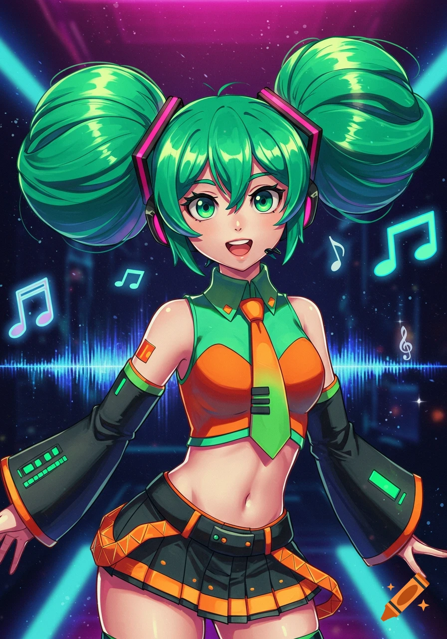 Vibrant anime girl with green pigtails and headset in a futuristic orange and green stage outfit with glowing musical notes.