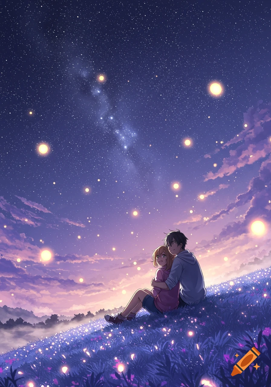 Anime couple embracing on a luminous grassy hill under a vibrant, star-filled night sky.