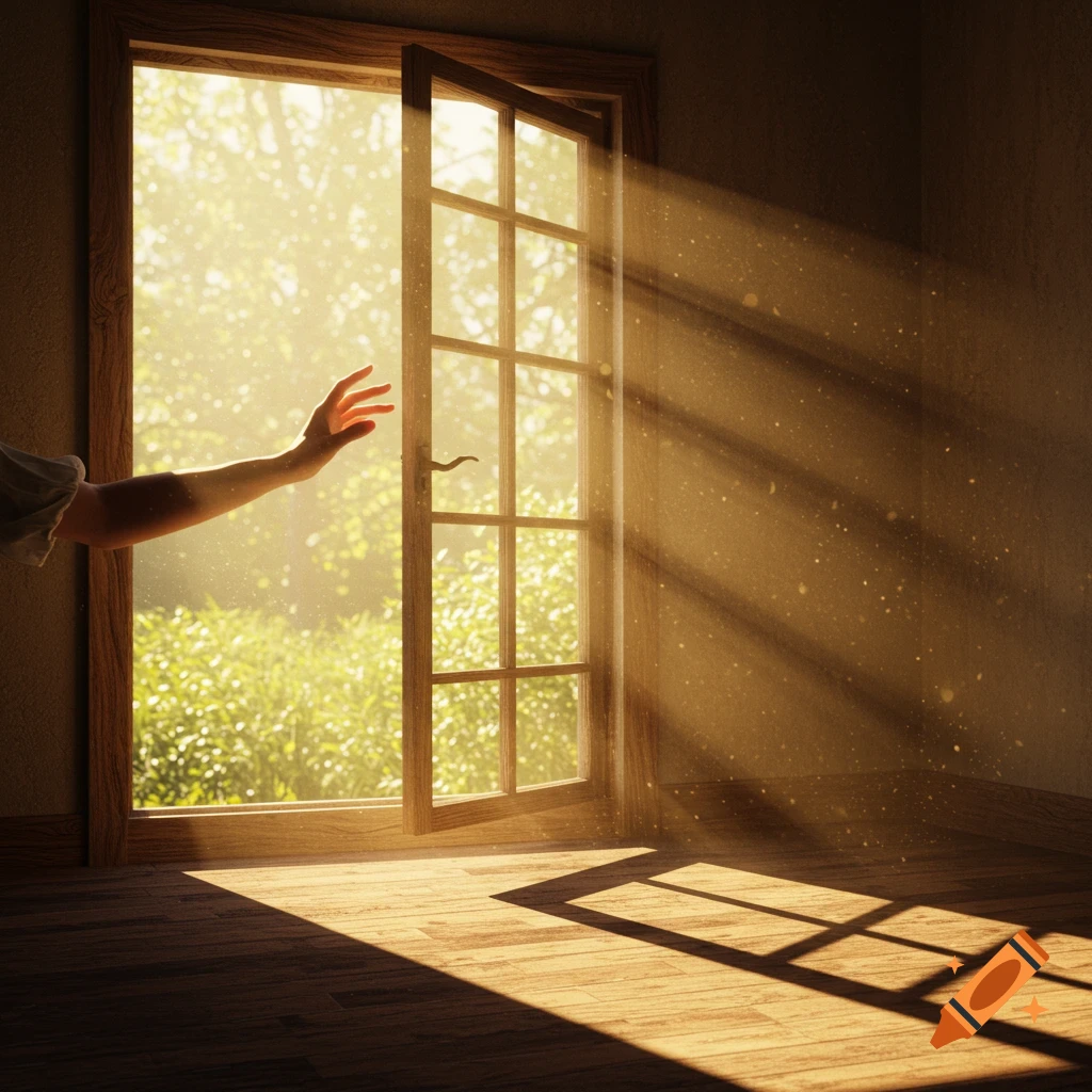 A hand reaches for warm sunlight and dust motes through an open window into a dark room with a wooden floor.