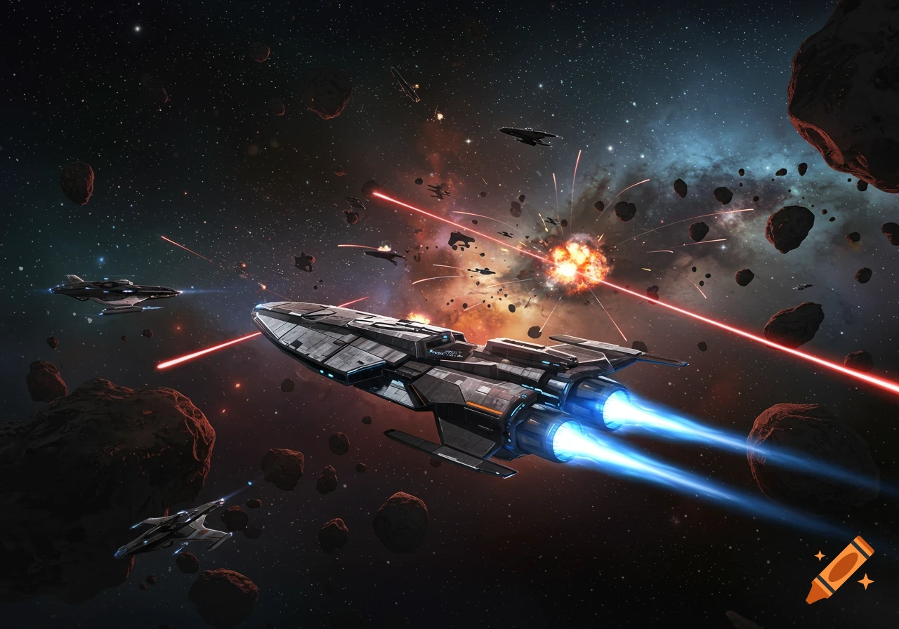 A detailed space battle scene with multiple spaceships firing lasers amidst asteroids and explosions.