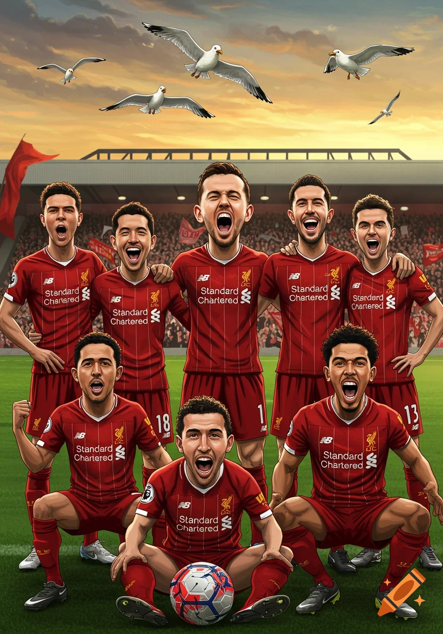 Stylized illustration of a celebrating Liverpool FC soccer team in red jerseys on a green field under a sunset sky with seagulls.