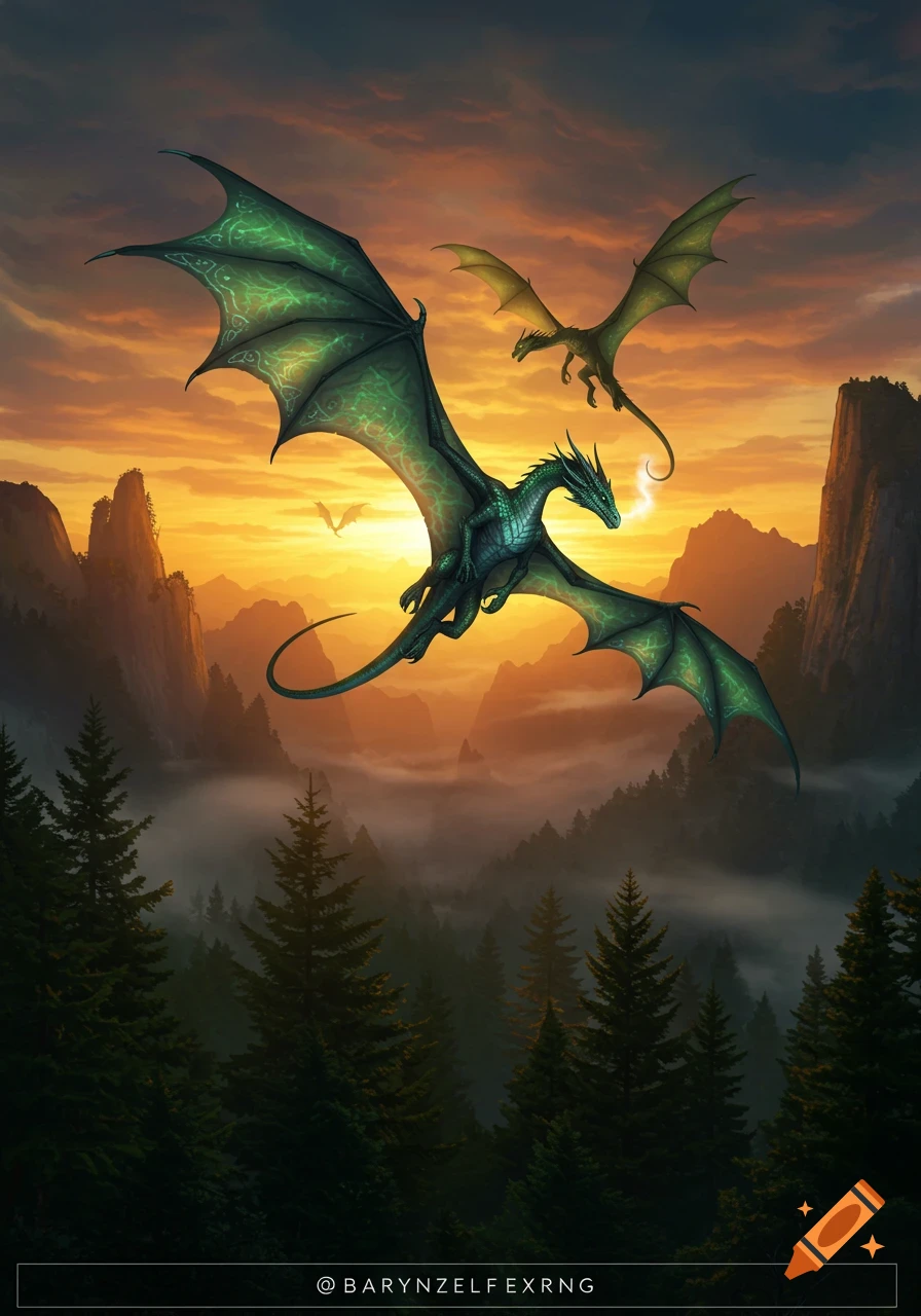 Two majestic green dragons soar above a misty forest and rugged mountains at a vibrant sunset.