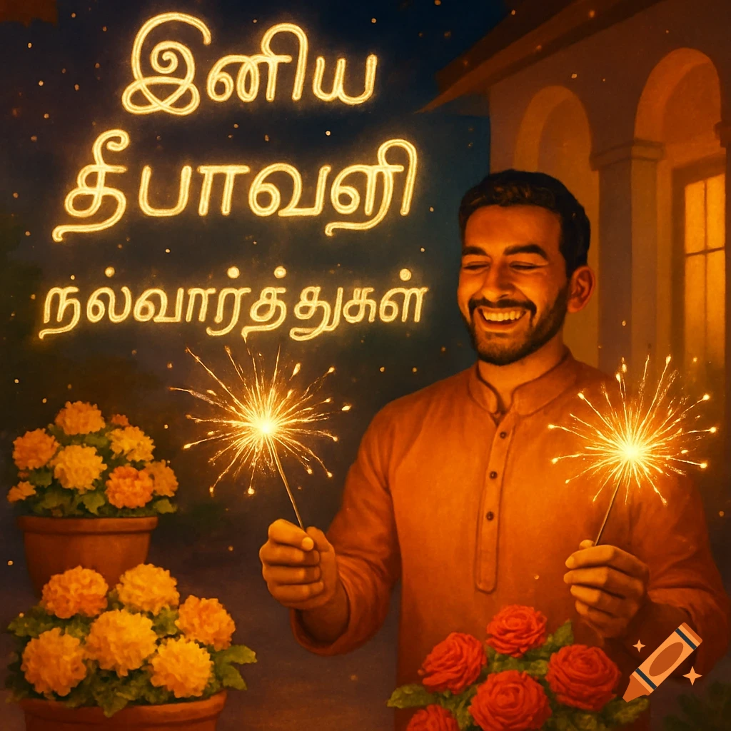 A smiling man in Indian attire holds sparklers with glowing Tamil Diwali greetings, surrounded by marigold and rose pots at night.