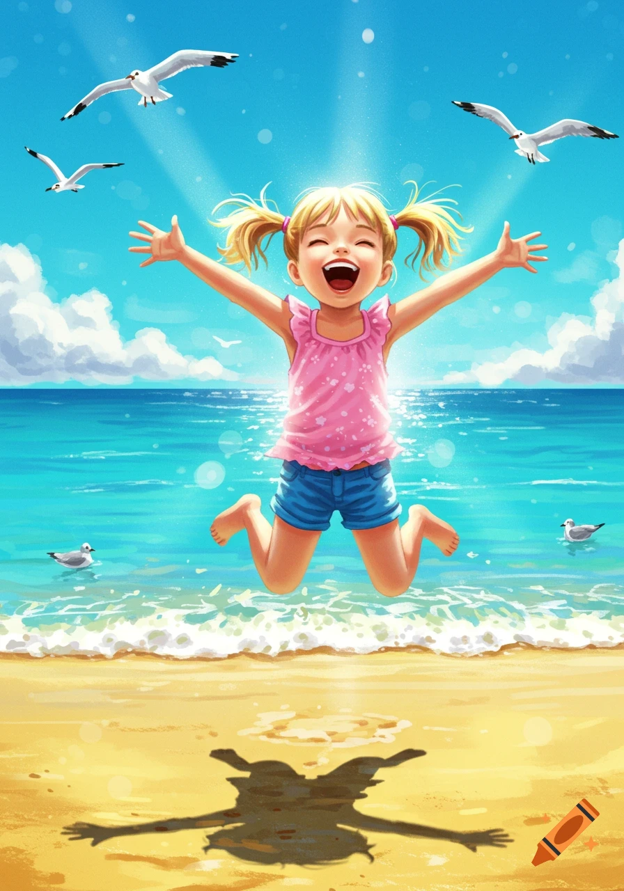 Vibrant illustration of a happy little girl with pigtails jumping on a sunny beach with seagulls and blue ocean.