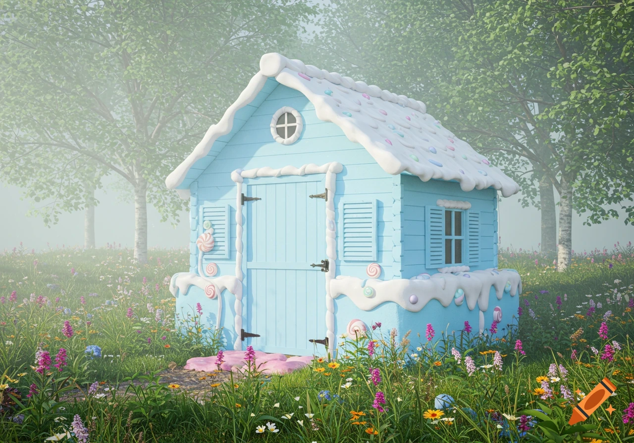 A cute blue gingerbread-style house with white icing and candies stands in a field of colorful wildflowers.