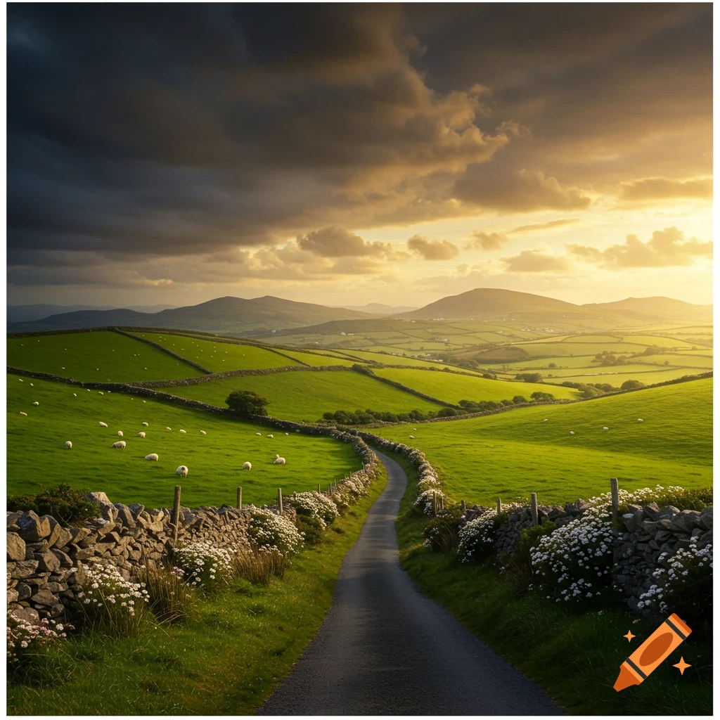 A photorealistic landscape of a winding road through vibrant green Irish fields with grazing sheep, stone walls, and a dramatic golden sunset.