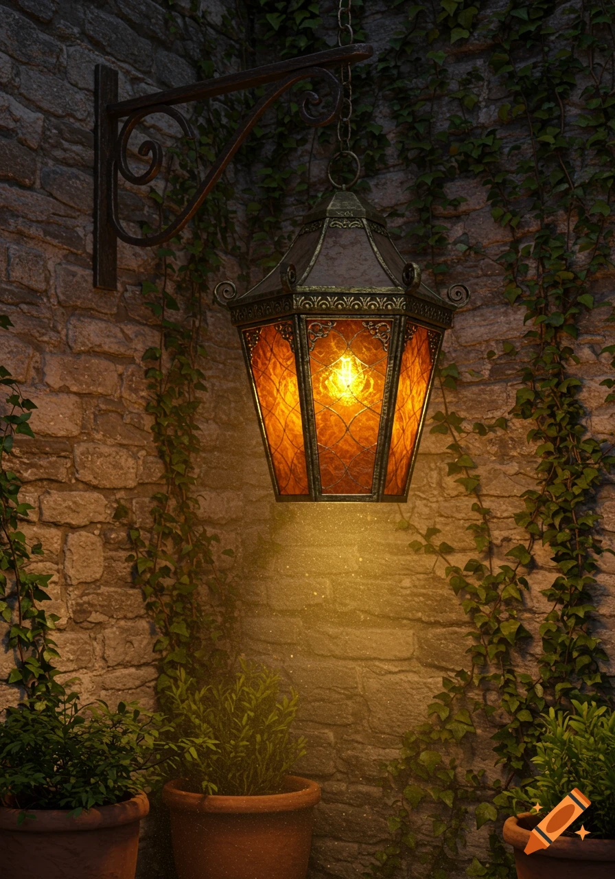 An ornate, glowing lantern hangs on an ivy-covered stone wall, with potted plants. Photorealistic.