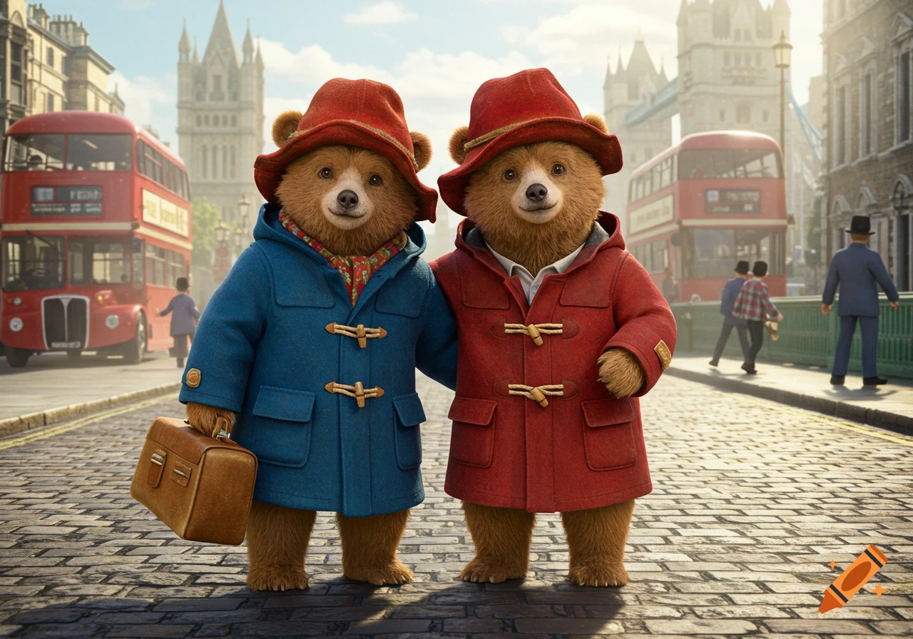 Two photorealistic Paddington Bear-like characters in red and blue duffle coats stand on a London cobblestone street with buses and architecture in the background.