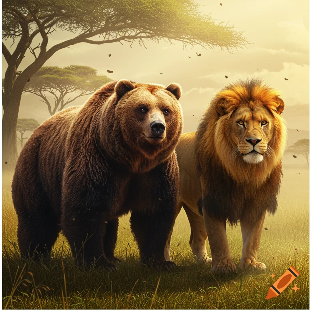 A brown bear and a male lion stand together in a sunny, grassy savanna with sparse acacia trees in a photorealistic style.
