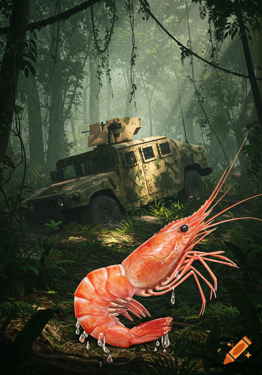 A large, red cooked prawn with water droplets lies in the foreground of a misty jungle with a camouflaged Humvee in the background.