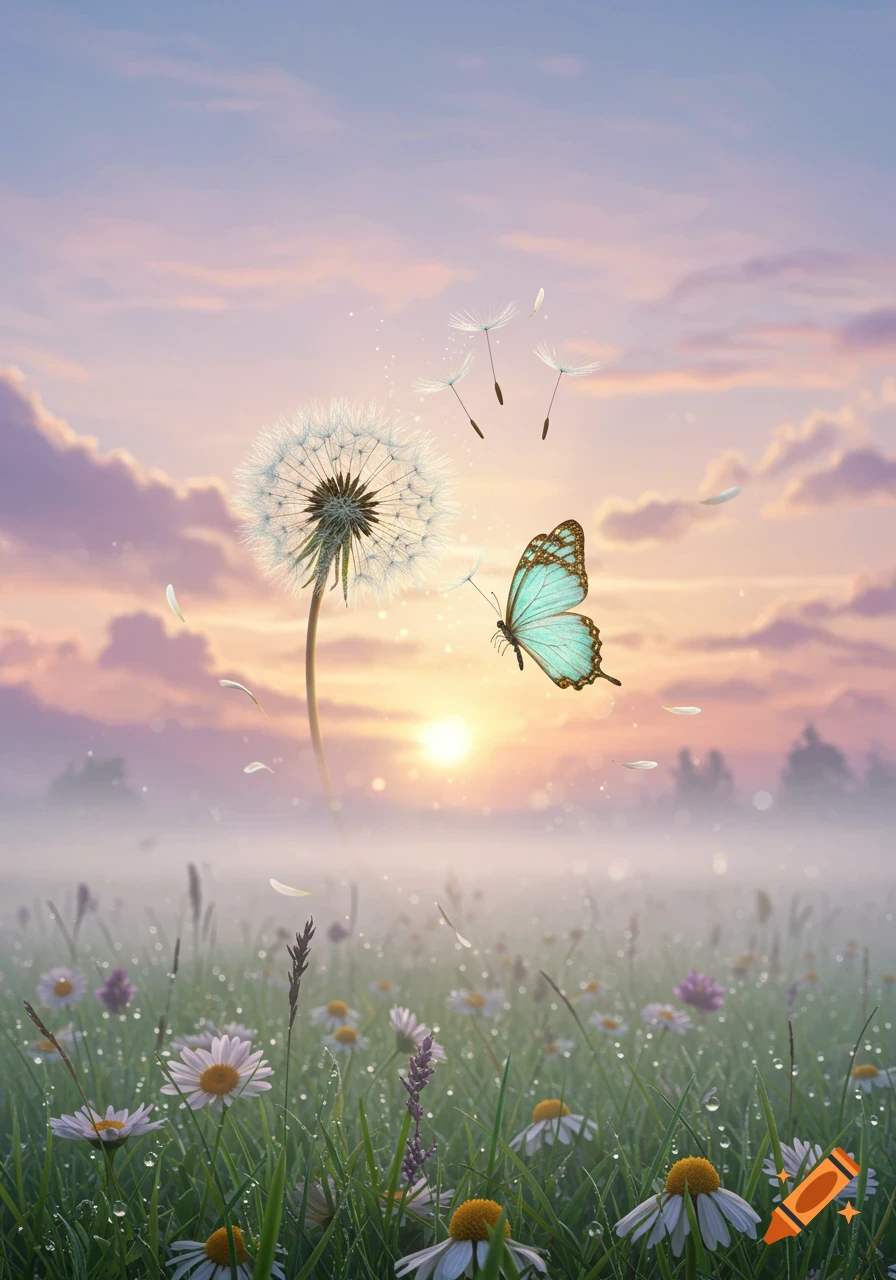 A turquoise butterfly flies past a dandelion in a misty meadow with daisies at sunset, glowing with soft light.