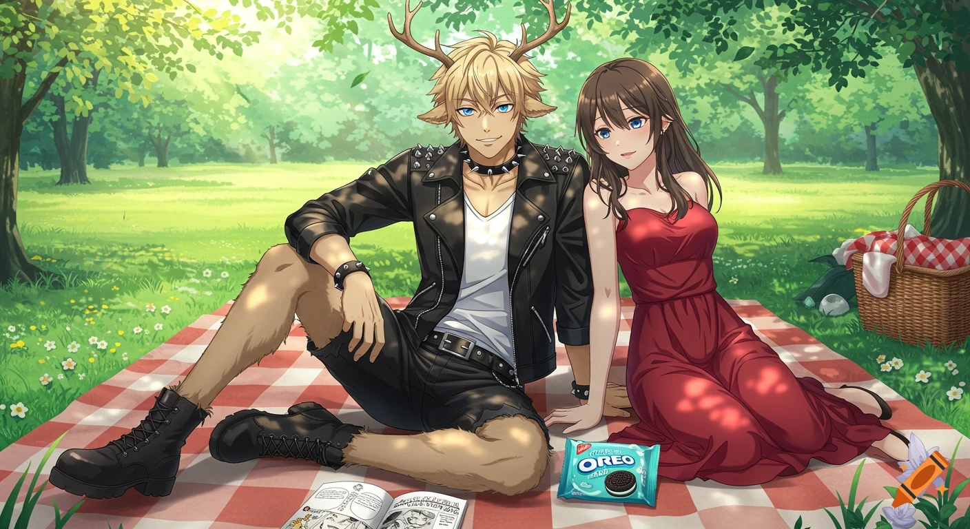 Anime satyr and his girlfriend enjoying a picnic with Oreos on a red and white blanket in a sunny park.