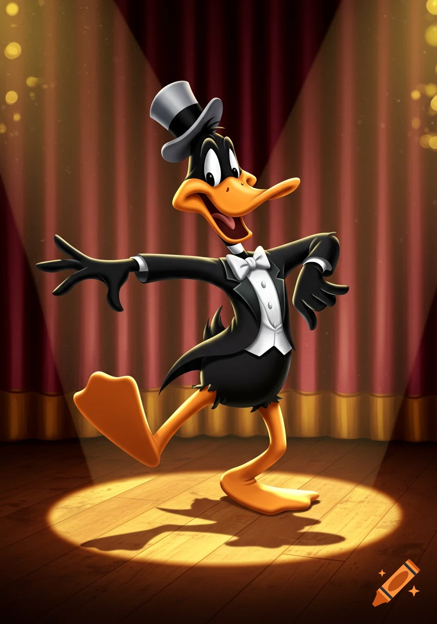 Daffy Duck tap dancing in a top hat and tuxedo on a spotlight stage with red curtains.