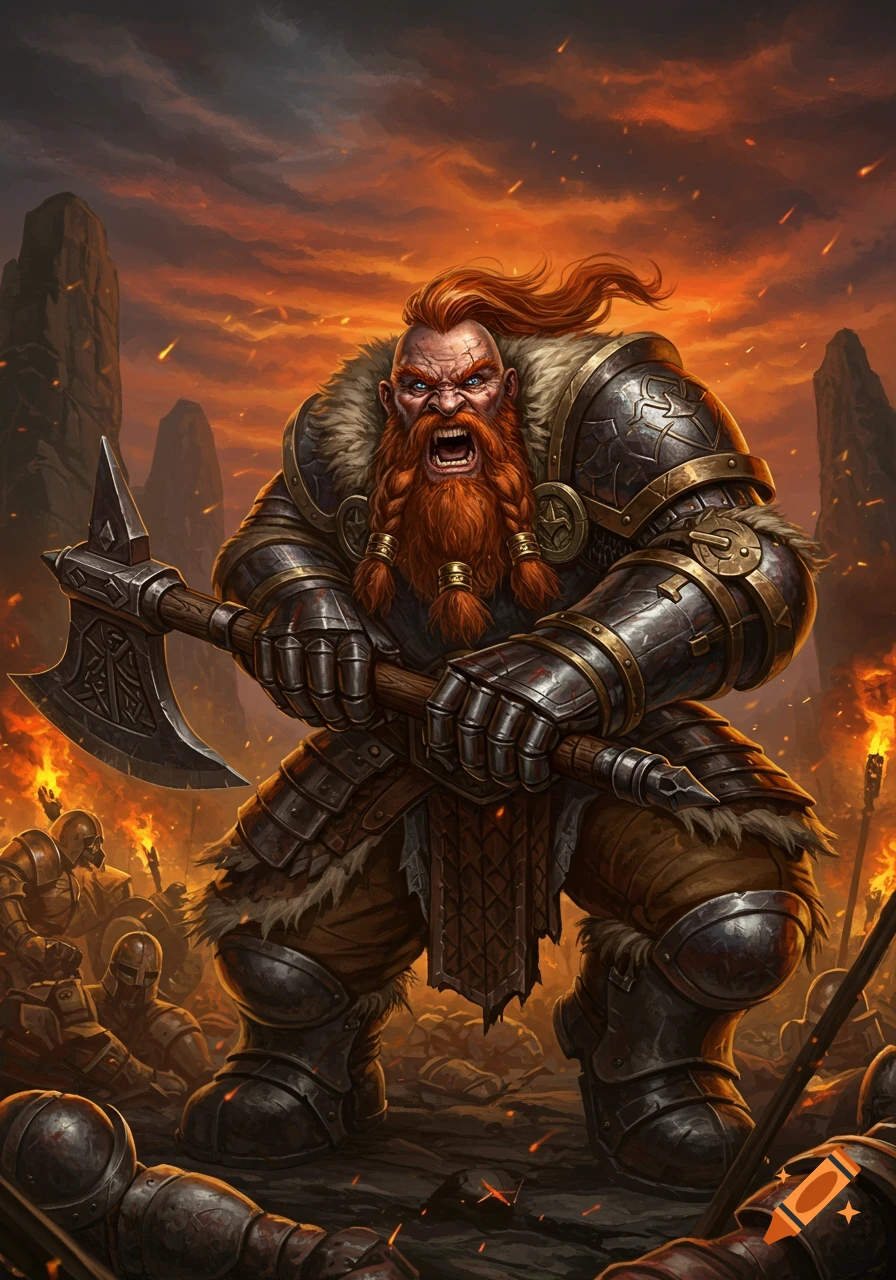 A raging dwarven berserker with a long red beard, clad in heavy armor, grips a massive axe amidst a fiery battlefield with fallen foes.
