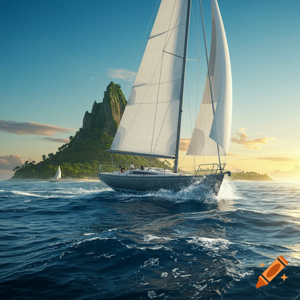 A photorealistic sailboat sails through blue waves, passing a tropical island with a steep, lush peak under a partly cloudy sky at sunset.
