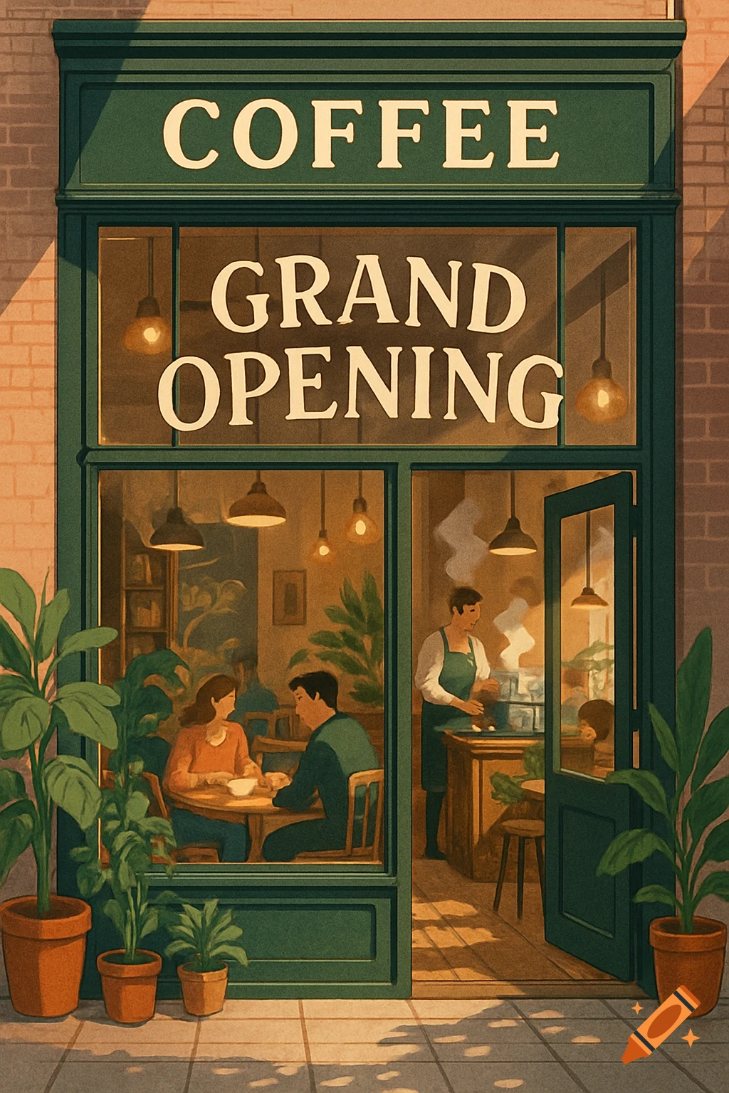An illustrative image of a coffee shop exterior with a 'COFFEE GRAND OPENING' sign, showing customers and a barista inside.