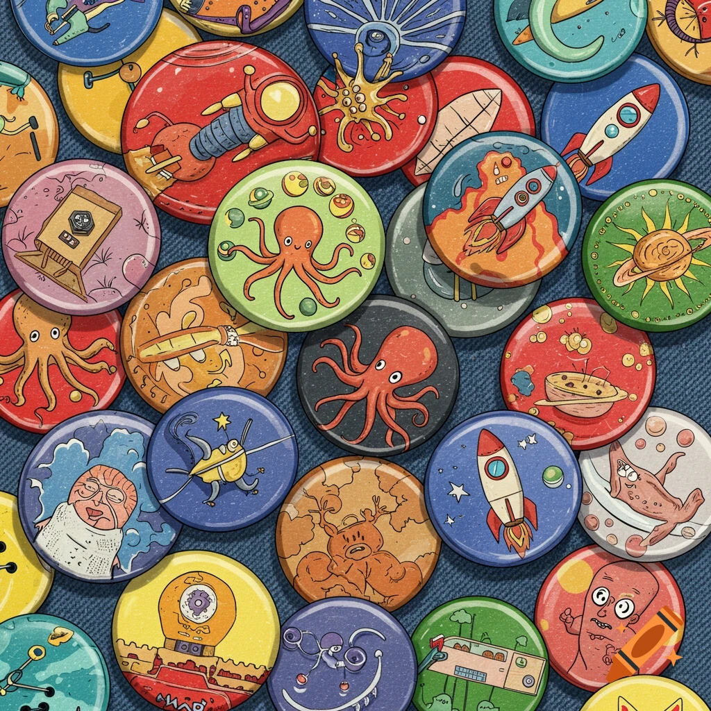 A collage of colorful, zany cartoon buttons featuring rockets, octopuses, and planets on a denim background.
