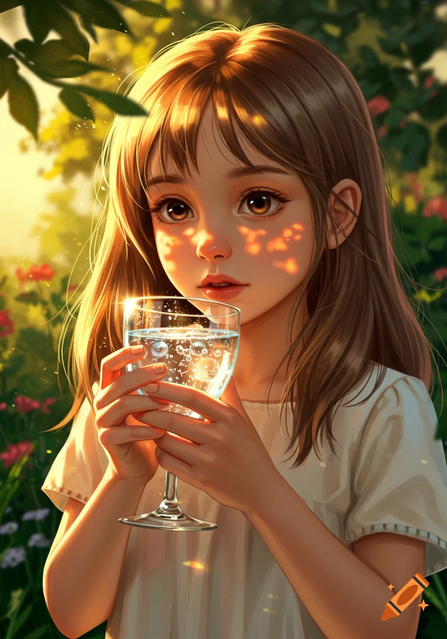 An anime-style girl with brown hair holds a glass of sparkling water, sunlight dappling through leaves on her face in a lush garden.