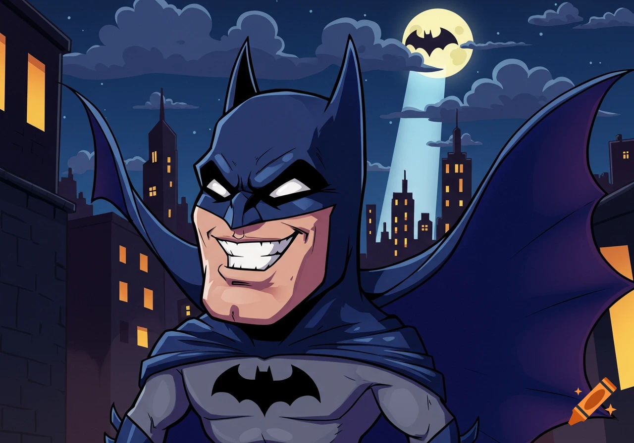 A cartoon caricature of Batman smiling against a night cityscape with a Bat-Signal on the moon.