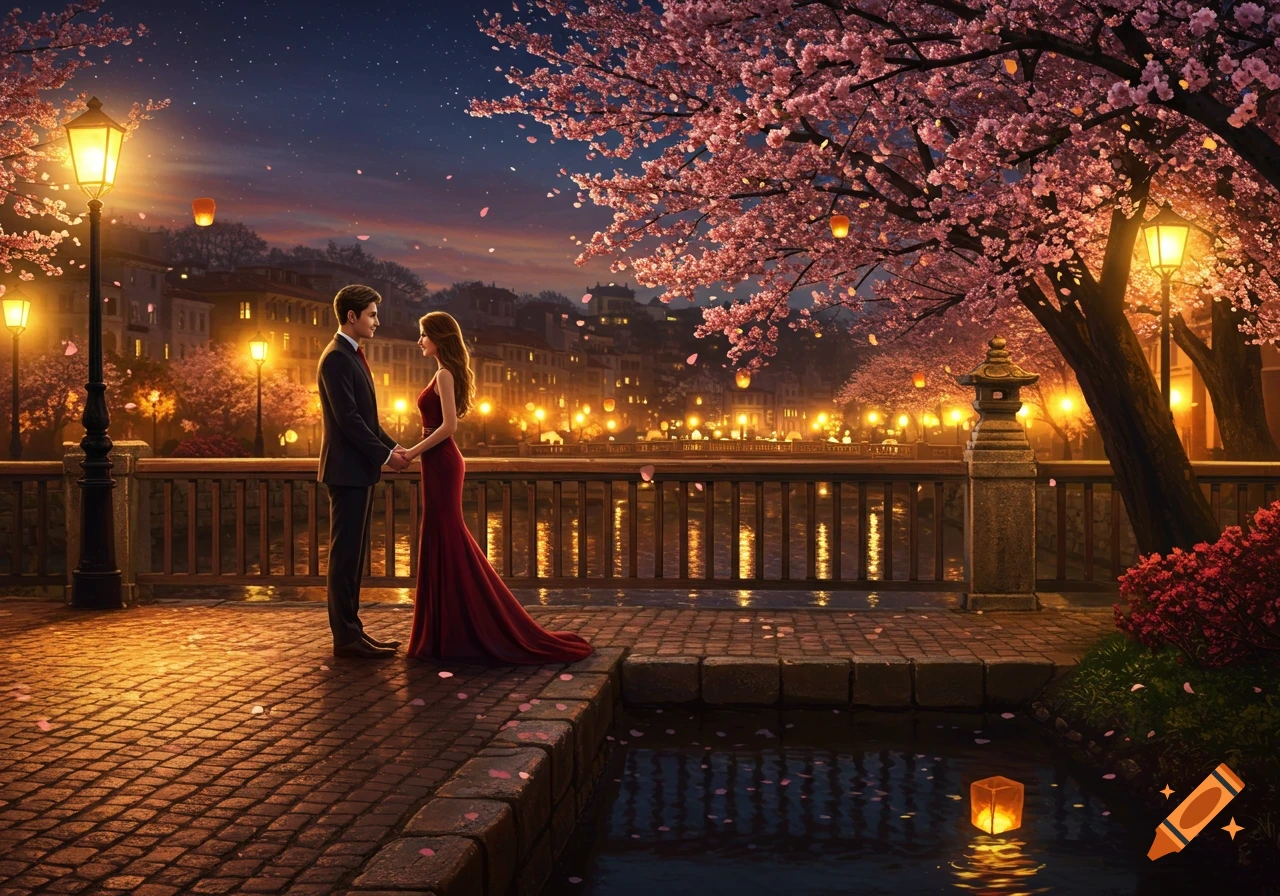A romantic fantasy art scene of a couple holding hands on a bridge at night, under blooming cherry blossom trees with lanterns.