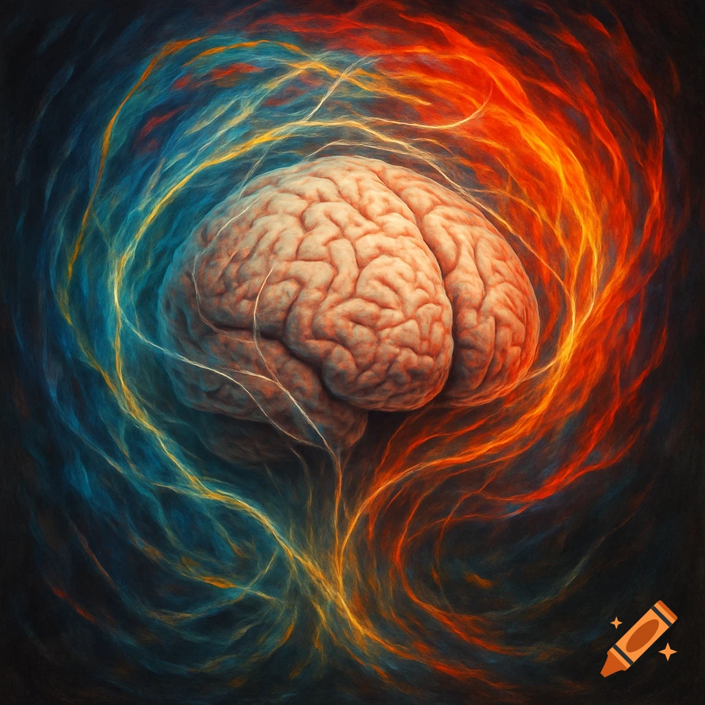 A human brain in the center, surrounded by swirling patterns of blue energy on the left and red-orange energy on the right.