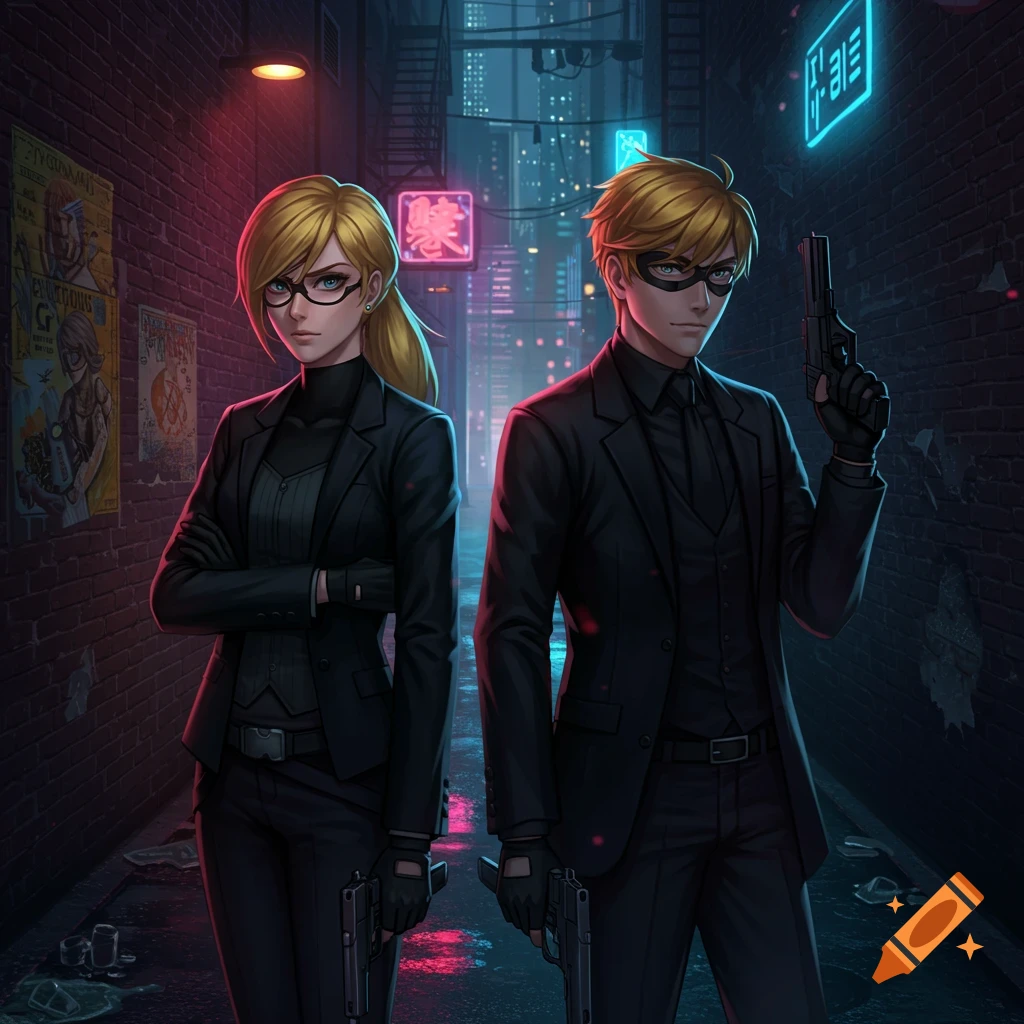 Anime-style spies, a man and a woman in black suits, stand in a neon-lit urban alley, holding pistols with serious expressions.