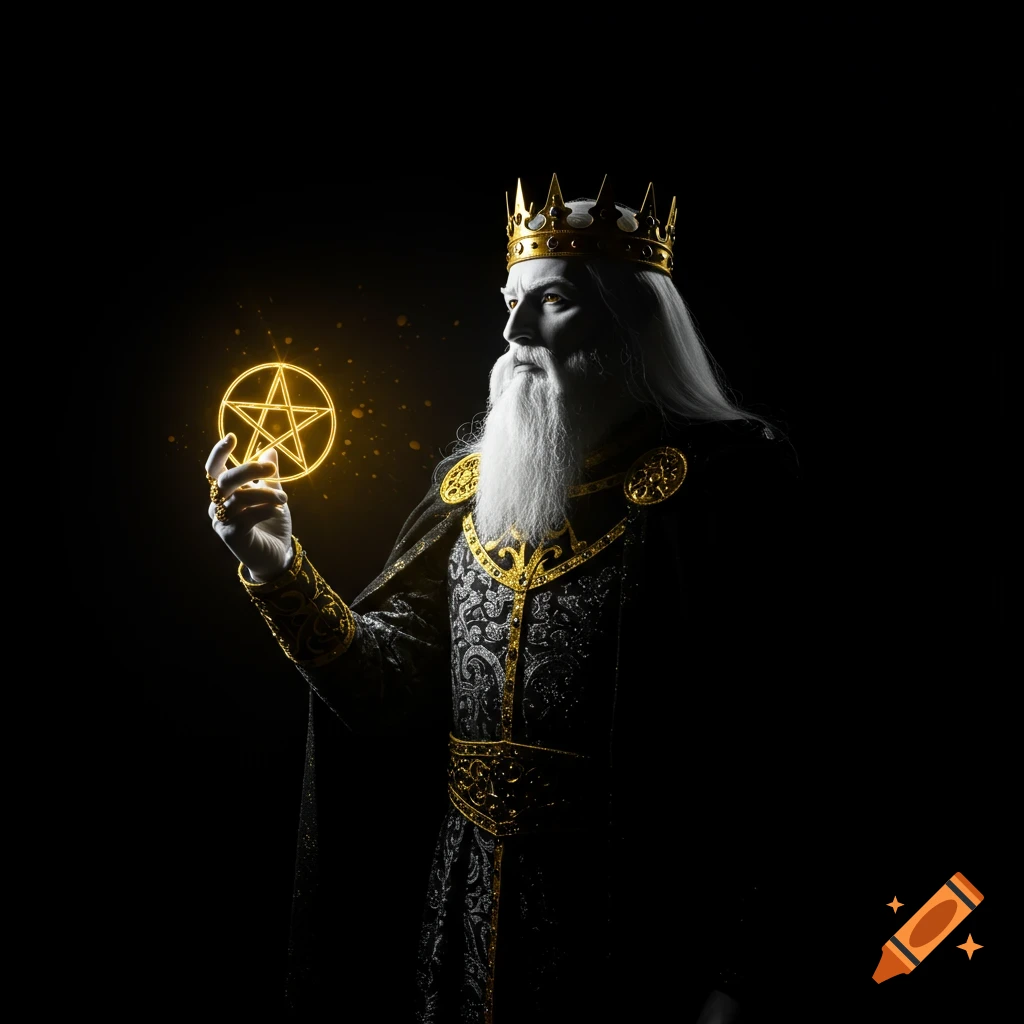 A white-bearded king in a golden crown and ornate robes holds a glowing golden pentacle against a black background.