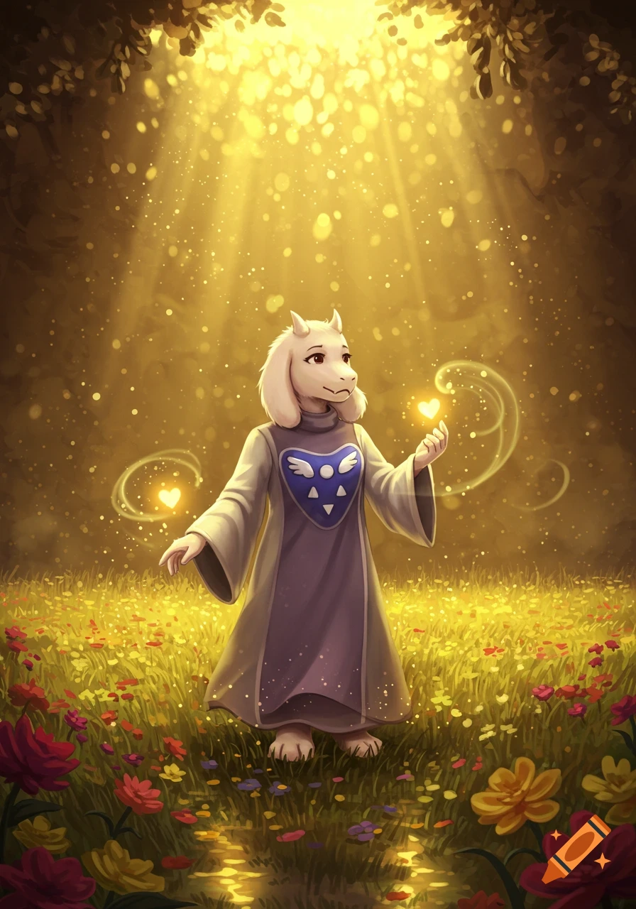 Toriel from Undertale stands in a vibrant, sunlit golden flower field, gently holding a glowing heart-shaped light.