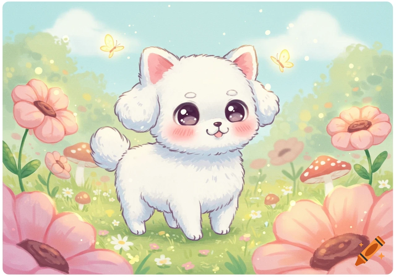 A cute, fluffy white dog in chibi style stands in a lush green field with pink flowers, mushrooms, and yellow butterflies.
