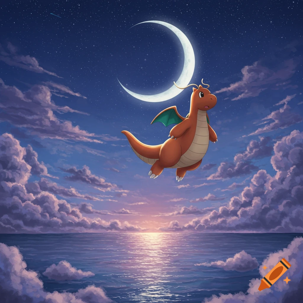 Dragonite flies across a starlit night sky above a calm ocean with a crescent moon and a distant sunset.