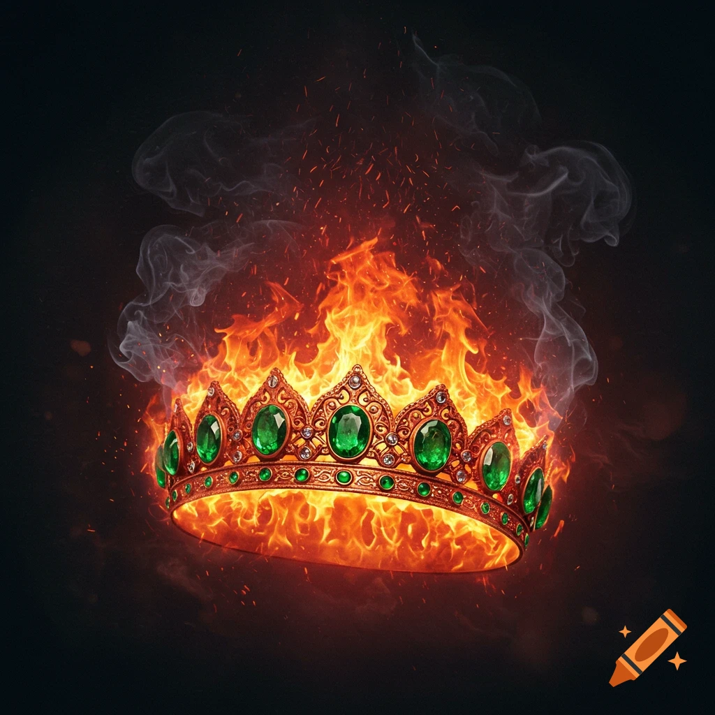 A golden Byzantine-style crown adorned with large green emeralds, engulfed in bright orange flames and wisps of smoke on a dark background.