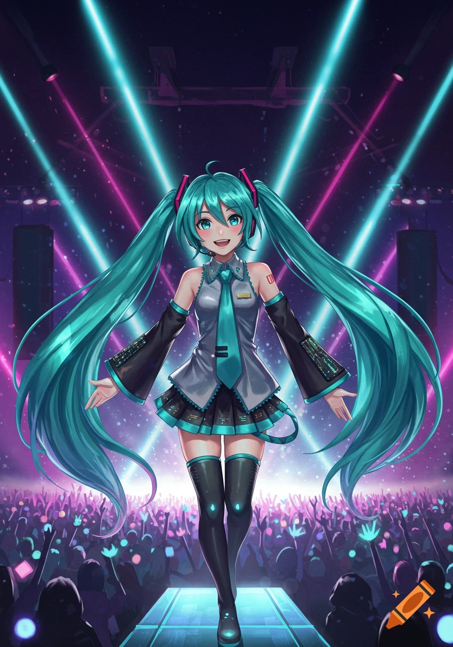 Hatsune Miku performs on a futuristic stage with bright neon lights and a cheering crowd.