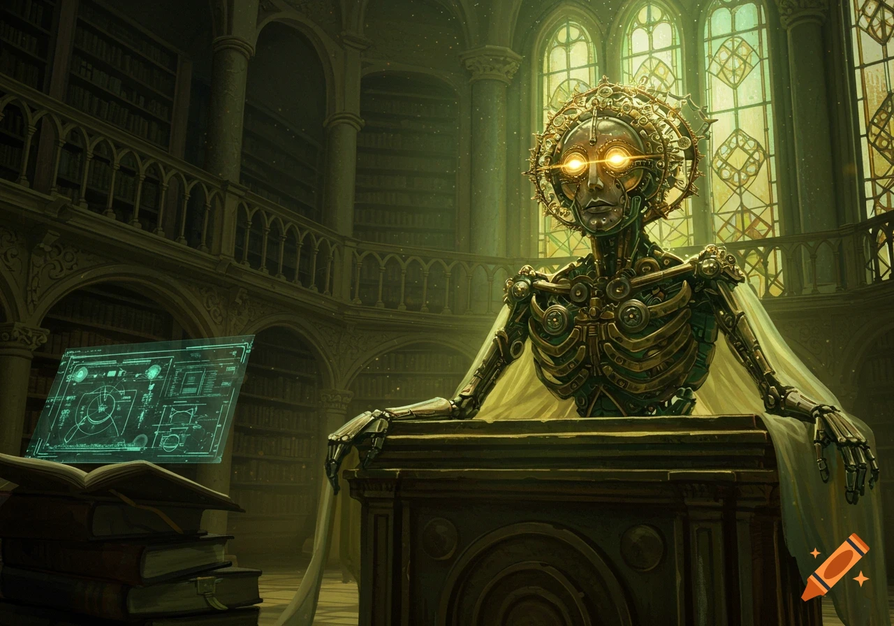 An ornate robot with glowing eyes sits at a desk with a holographic screen and books in a grand, gothic library.