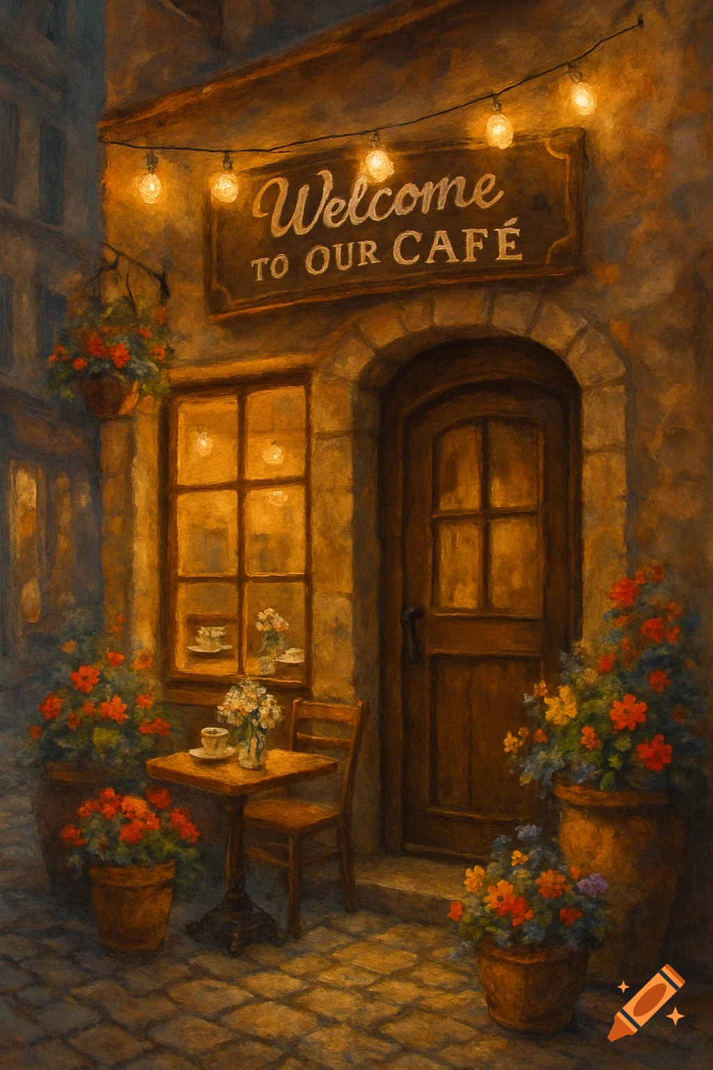 Oil painting of a cozy cafe exterior at night, lit by string lights, with flower pots, a small table, and a chair.