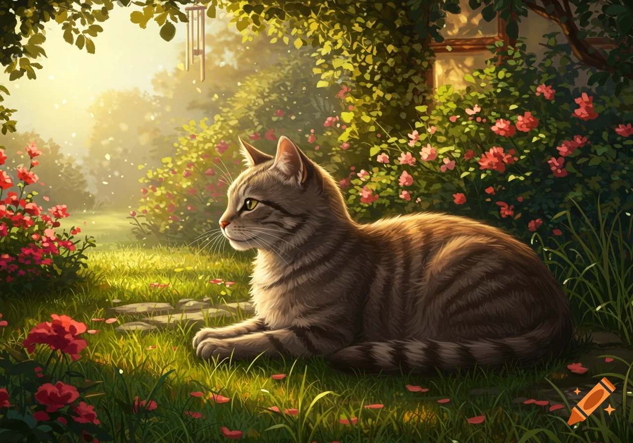A tabby cat with yellow eyes lies peacefully in a sunlit garden amidst lush green grass and blooming pink and red flowers. The art style is a vibrant digital painting.
