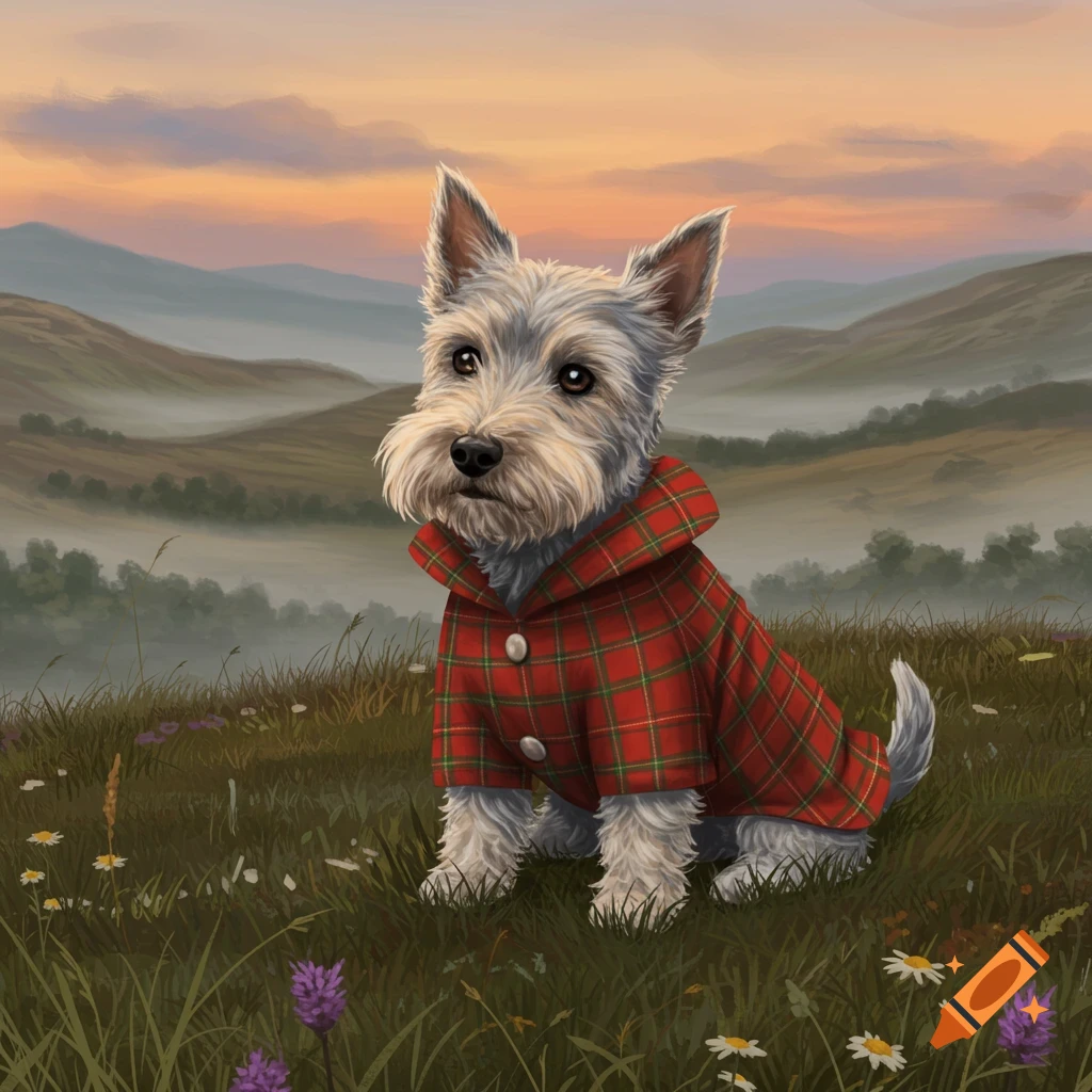 A white terrier dog wearing a red plaid coat sits in a grassy field with misty mountains and an orange sky at sunset.
